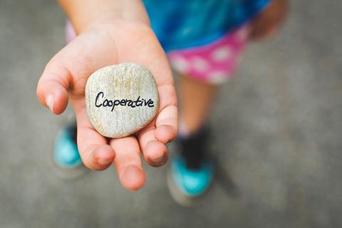 Image of child's outstretched hand holding a stone carved with the word "cooperative"
