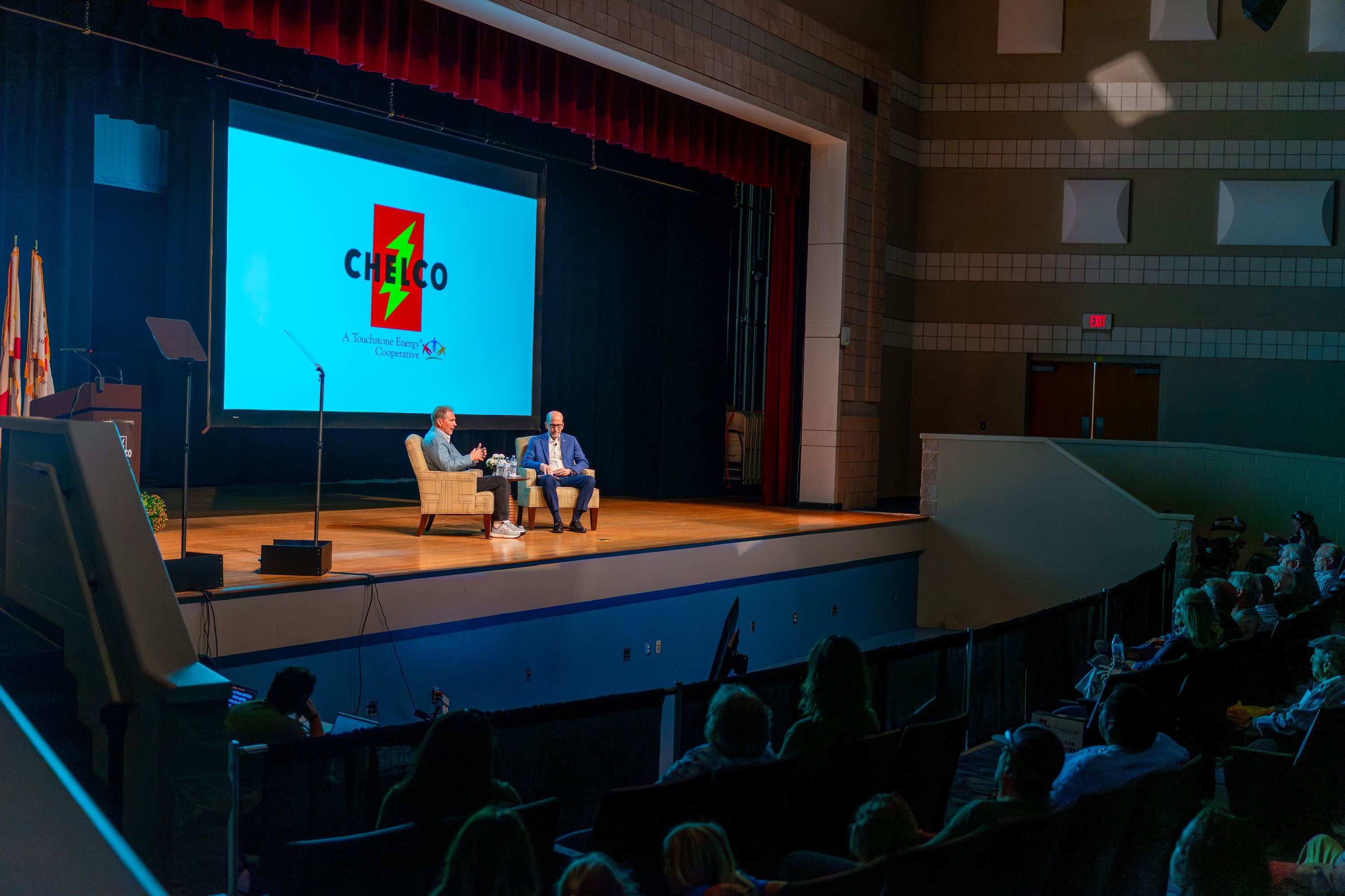Members look on as CHELCO CEO Steve Rhodes (R) and PowerSouth Energy Cooperative CEO Gary Smith (L) discuss data centers, AI, and what’s ahead for cooperatives.