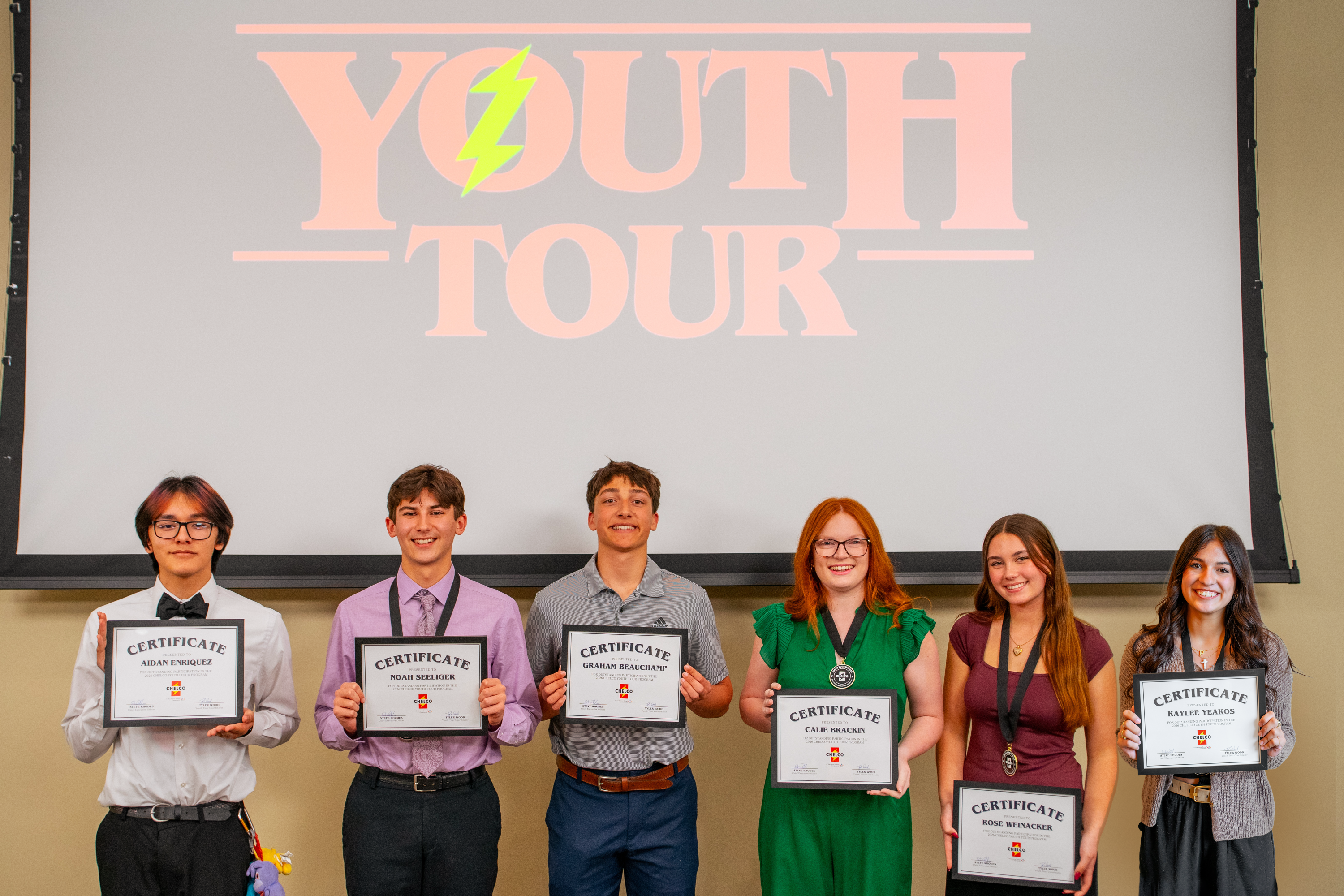 (from left to right): Aidan Enriquez, Crestview High School; Noah Seeliger, Collegiate High School at Northwest Florida State College; Graham Beauchamp, Niceville High School; Calie Brackin, Walton High School; Rose Weinacker, Niceville High School; Kaylee Yeakos, Paxton School.