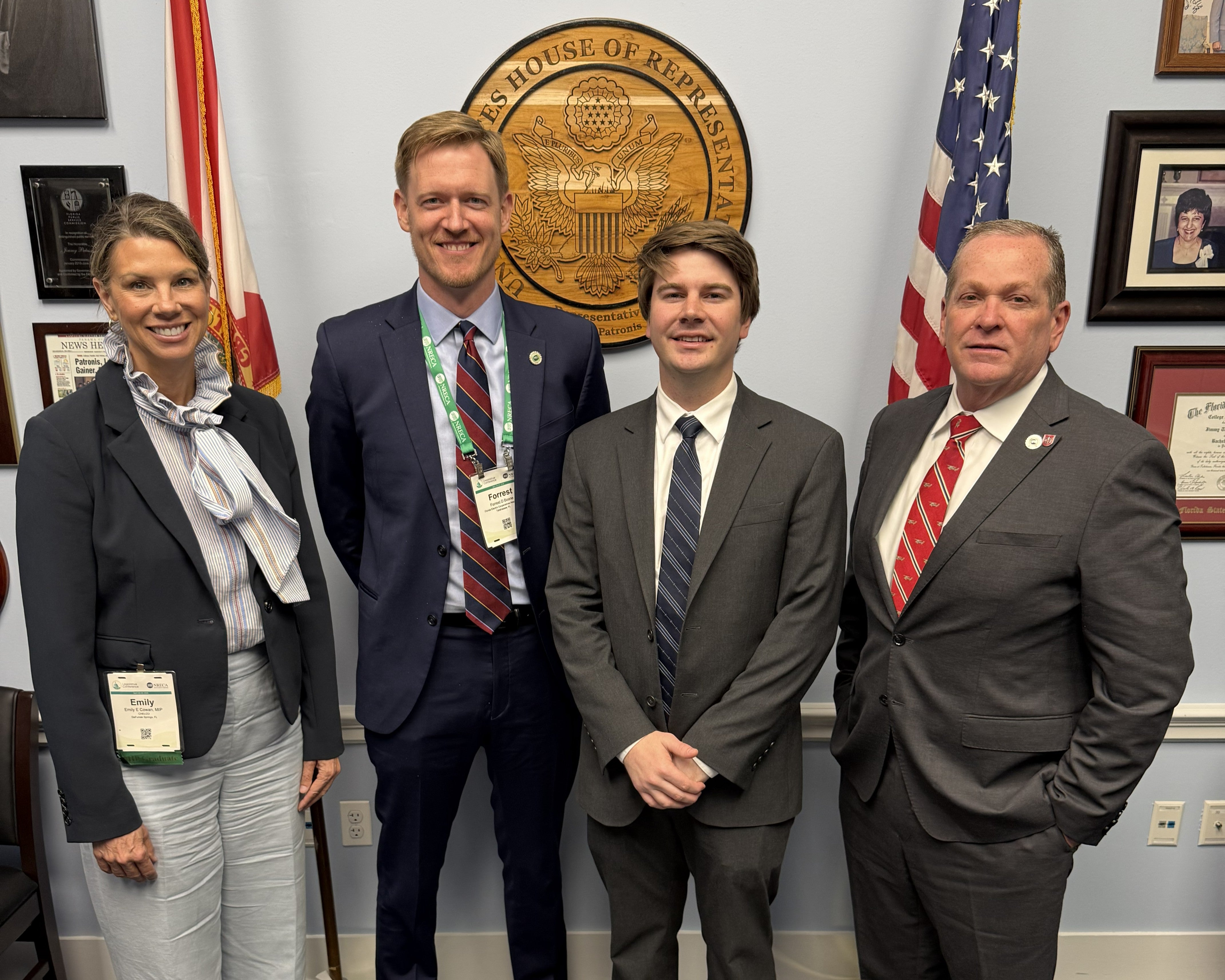 L to R: Emily Cowan (CHELCO SVP), Forrest Boone (FECA), Jack Williams (Rep. Patronis staffer), and Terry Pilcher (CHELCO District 2 Trustee) met during the Legislative Conference.