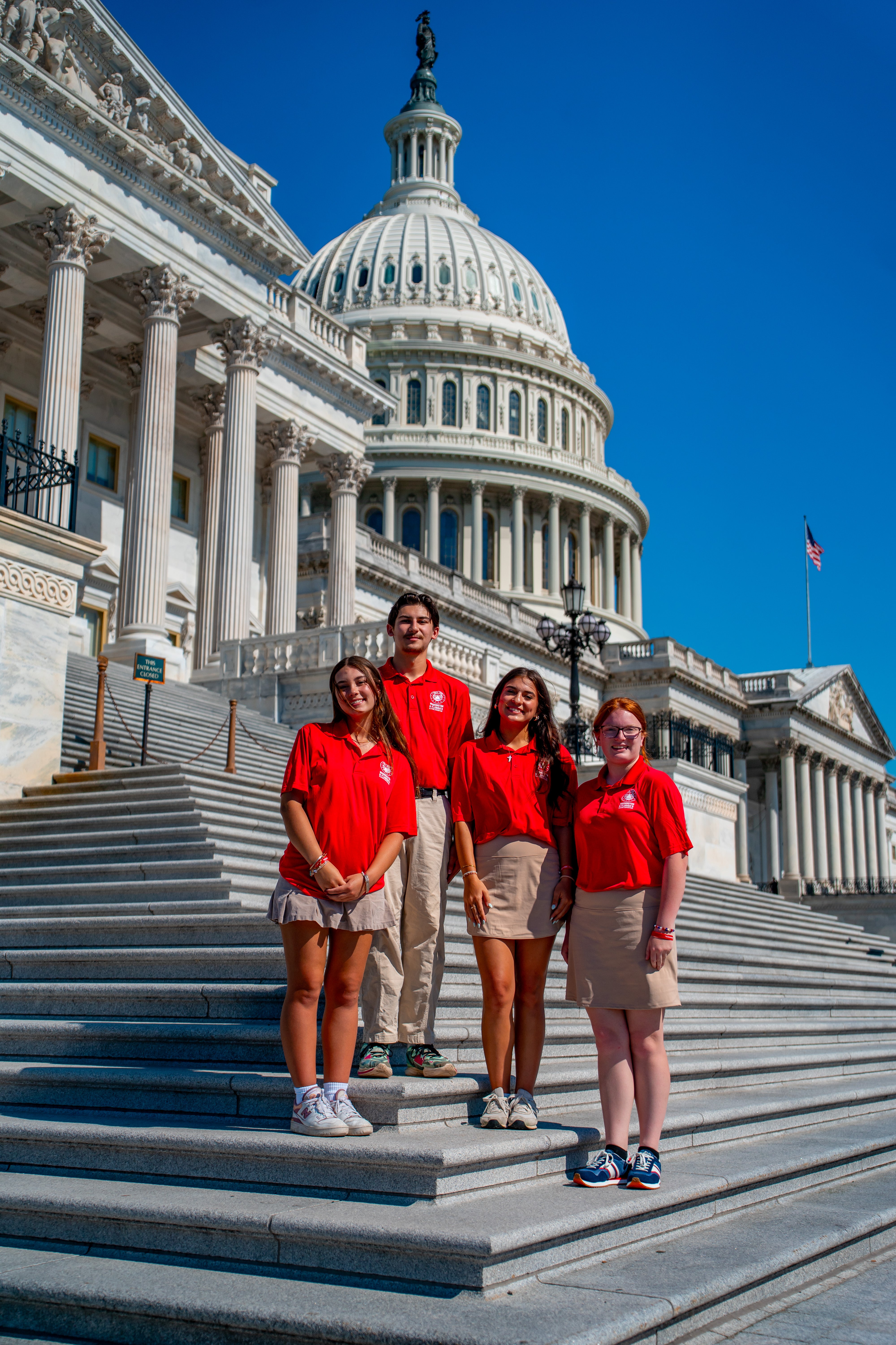L to R: Rose Weinacker, Noah Seeliger, Kaylee Yeakos, and Calie Brackin pose in front of the US Capitol Building during their adventures in Washington.